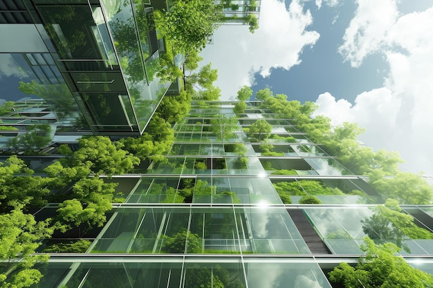 Esta foto muestra un notable edificio de gran altura caracterizado por su altitud y numerosas ventanas Diseñando un edificio verde utilizando tecnología de realidad virtual basada en la nube Generada por IA