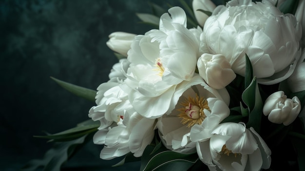 La foto muestra un ramo compuesto de peonías blancas y tulipanes en un fondo oscuro