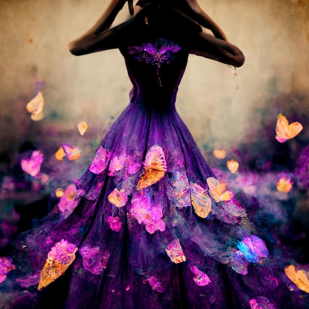 Foto en una foto se muestra un vestido morado con mariposas.