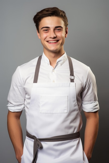 Foto muito detalhada do sorriso do cozinheiro acima do fundo branco da cintura