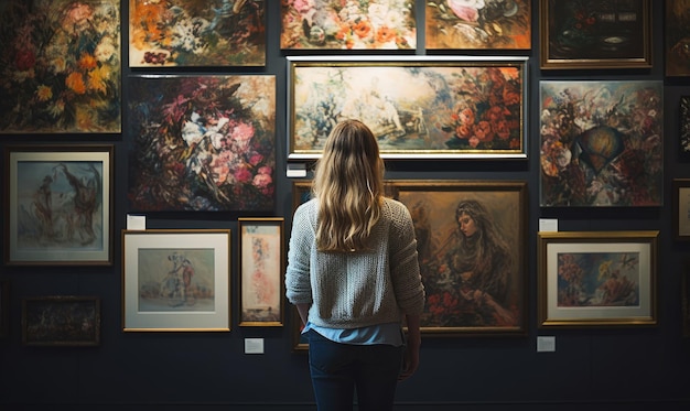 Foto foto de una mujer admirando arte en una galería