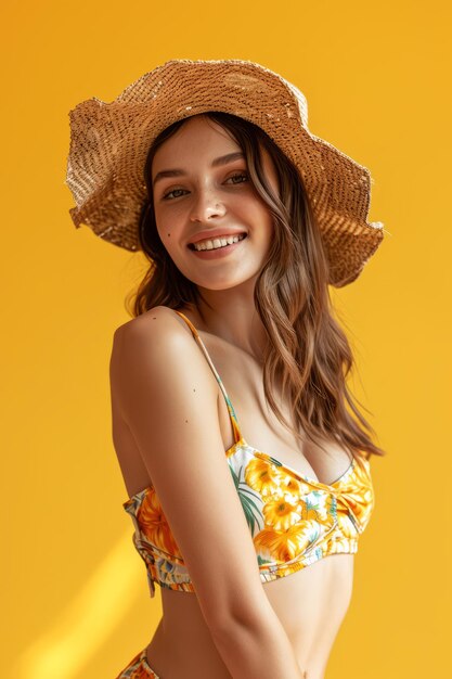 Foto foto de una mujer adorable y bonita con traje de baño sobre un fondo amarillo