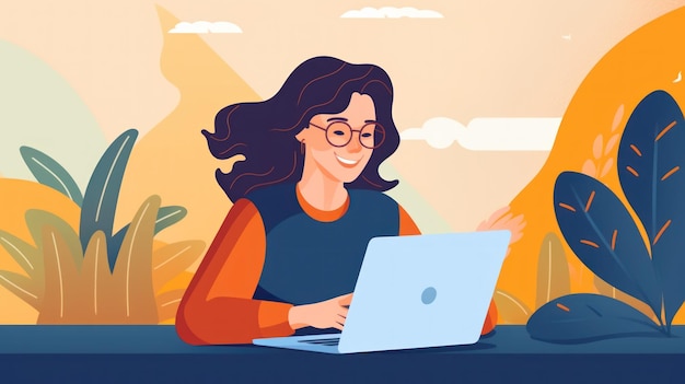 Foto de una mujer agradable y alegre que usa una computadora portátil Bella mujer de negocios escribiendo en una computadora portátil IA generativa