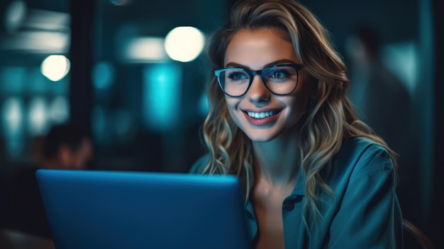 Foto de una mujer agradable y alegre que usa una computadora portátil Bella mujer de negocios escribiendo en una computadora portátil IA generativa