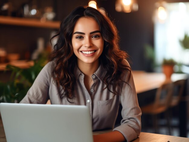 Foto de una mujer agradable y alegre usando una computadora portátil Una hermosa mujer de negocios escribiendo en una computadora portable