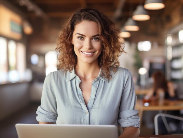 Foto de una mujer agradable y alegre usando una computadora portátil Una hermosa mujer de negocios escribiendo en una computadora portable