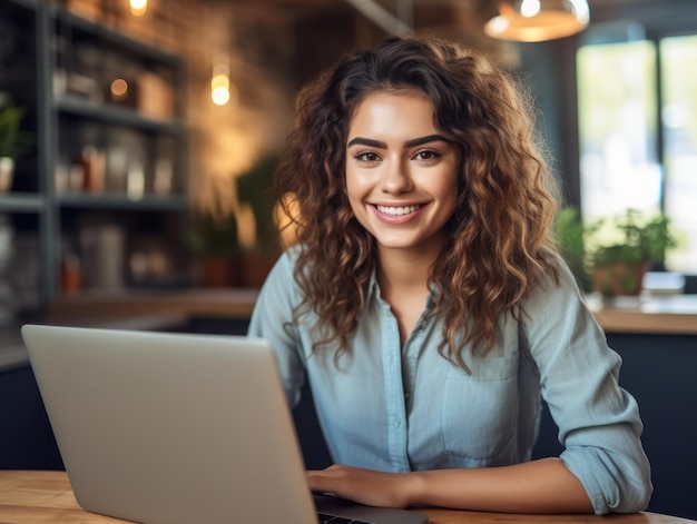 Foto de una mujer agradable y alegre usando una computadora portátil Una hermosa mujer de negocios escribiendo en una computadora portable