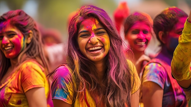 Foto foto de una mujer alegre grupo de personas cubiertas de polvo colorido de un festival de holi