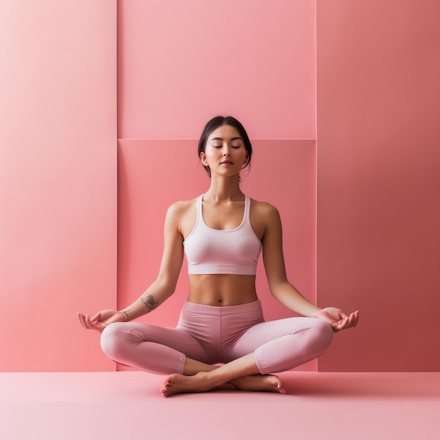 foto de una mujer asiática haciendo yoga y meditación frente a una pared de color rosa