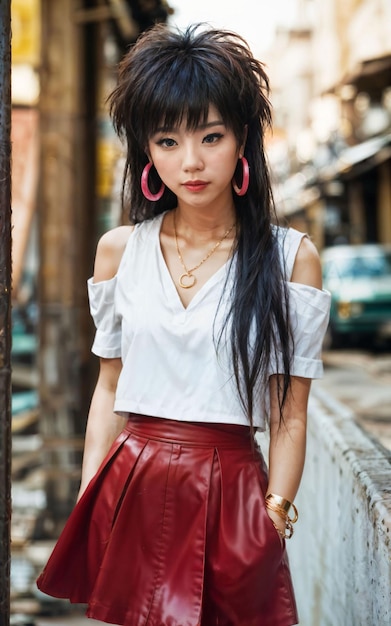 Foto de mujer asiática juguetona adolescente con accesorios y peinado mullet AI generativa