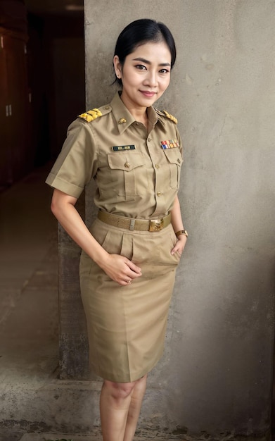 Foto de una mujer asiática de mediana edad con uniforme de maestra tailandesa IA generativa