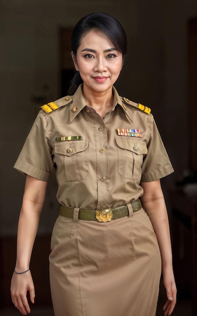 Foto de una mujer asiática de mediana edad con uniforme de maestra tailandesa IA generativa
