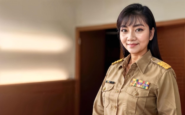 Foto de una mujer asiática de mediana edad con uniforme de maestra tailandesa IA generativa