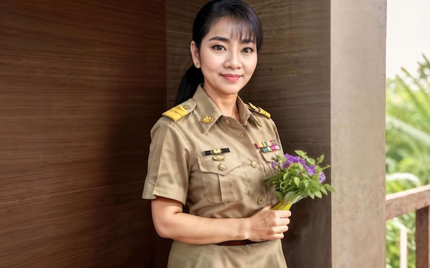 Foto de una mujer asiática de mediana edad con uniforme de maestra tailandesa IA generativa