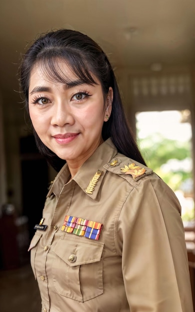 Foto de una mujer asiática de mediana edad con uniforme de maestra tailandesa IA generativa