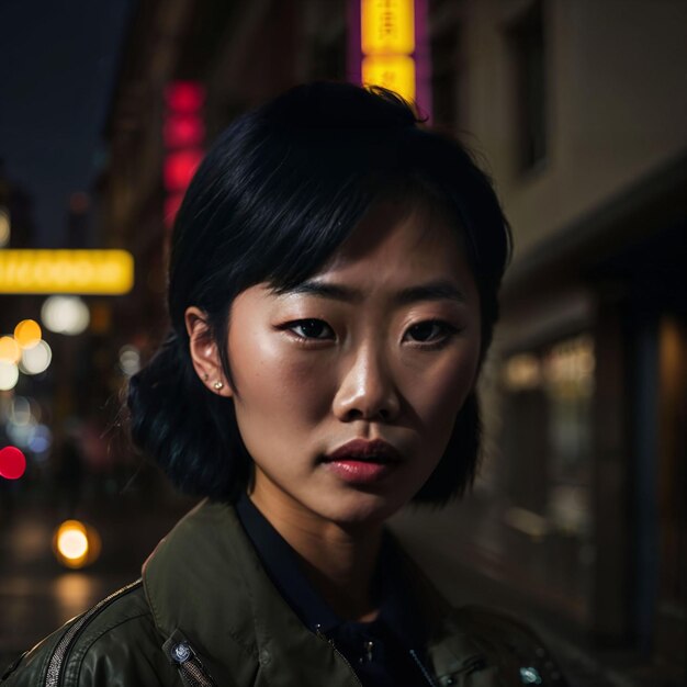 Foto de mujer asiática en la noche de la calle con luz AI generativa