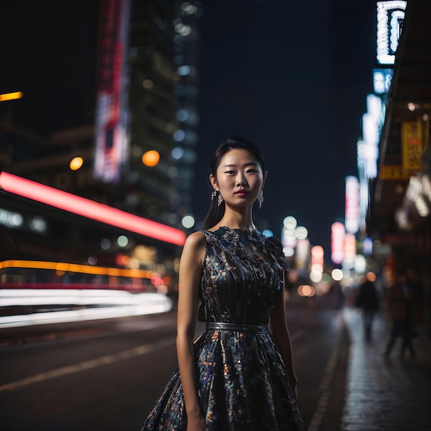 Foto de mujer asiática en la noche de la calle con luz AI generativa