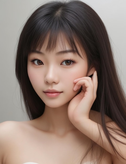 Foto de una mujer asiática con un rostro hermoso y una piel fresca perfectamente limpia y linda modelo femenina frente a th