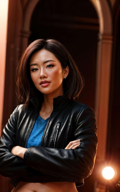 Foto de mujer asiática en traje de chaqueta con luz de colores en AI generativa de fondo