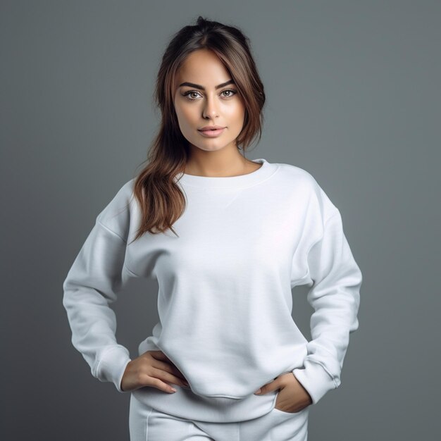 Foto mujer atractiva Modelo sudadera blanca con fondo gris