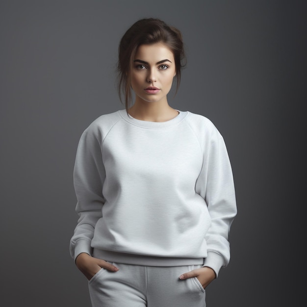 Foto mujer atractiva Modelo sudadera blanca con fondo gris