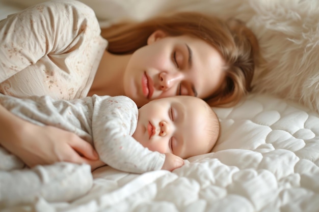 Foto una foto de una mujer y un bebé durmiendo juntos en una gran cama blanca