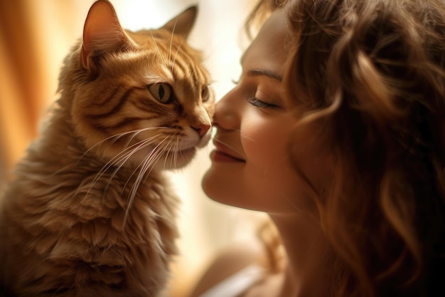 Una foto de una mujer besando y abrazando tiernamente a su gato IA generativa