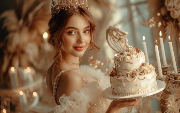 Foto foto de una mujer blanca delgada con un atuendo romántico posando con una tarta de cumpleaños foto interior de una chica espectacular