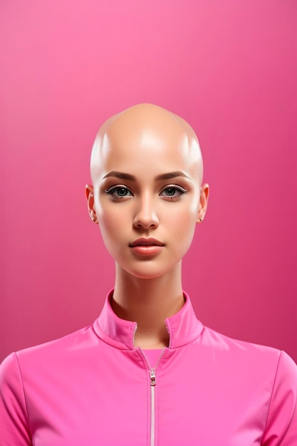 Foto de una mujer blanca sin pelo vestida de rosa con un fondo de imagen rosa para el cáncer de mama self ez