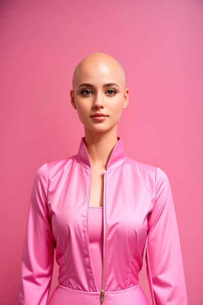 Foto de una mujer blanca sin pelo vestida de rosa con un fondo de imagen rosa para el cáncer de mama self ez