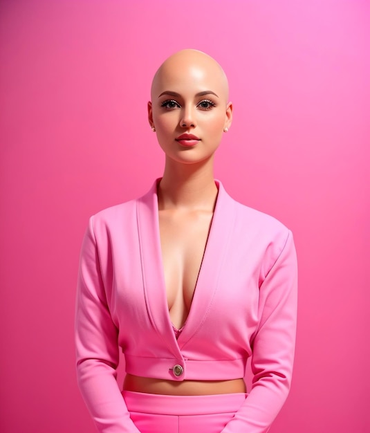 Foto de una mujer blanca sin pelo vestida de rosa con un fondo de imagen rosa para el cáncer de mama self ez