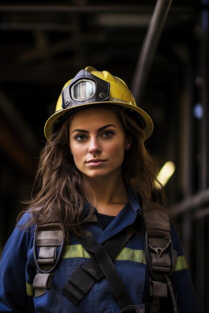 Foto de mujer bombero con casco de seguridad