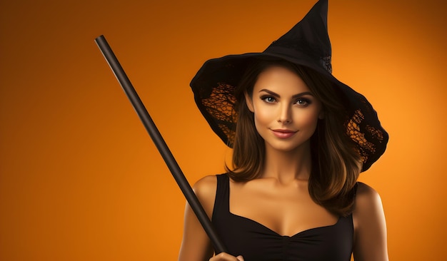 Foto mujer bruja sonriente con vestido negro para la fiesta del día de halloween banner de venta de halloween generativo ai