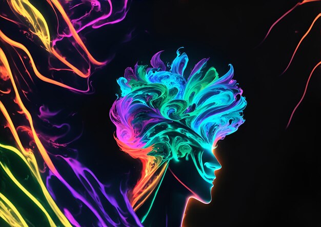Foto de una mujer con cabello de neón vibrante admirando una pieza de arte colorida