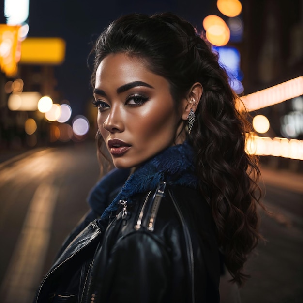 Foto de mujer en la calle de noche con IA generativa de luz