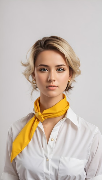 foto de una mujer en una camisa blanca con un pañuelo amarillo en un fondo blanco