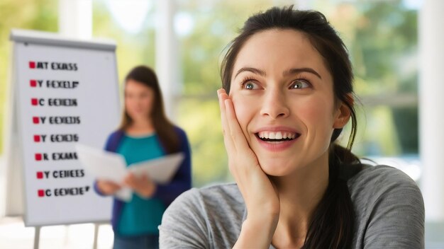 Foto foto de una mujer caucásica asombrada que mantiene la palma cerca de la cara y exclama con positividad feliz de escuchar goo