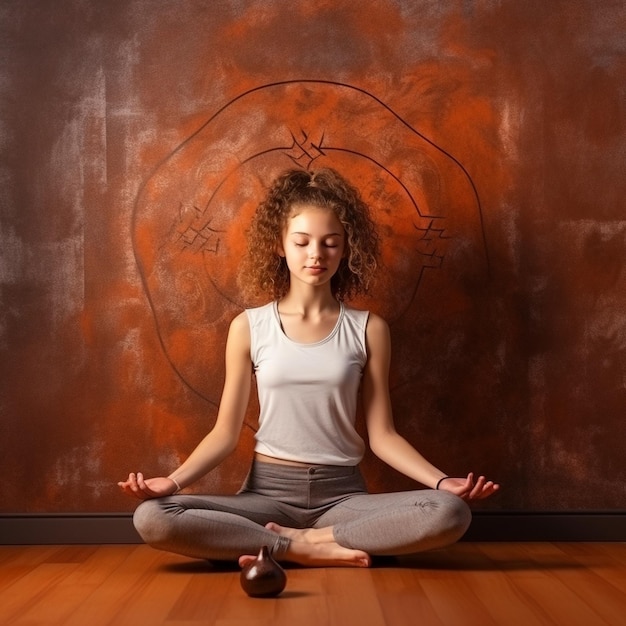 foto de una mujer caucásica haciendo yoga y meditación frente a una pared de color naranja