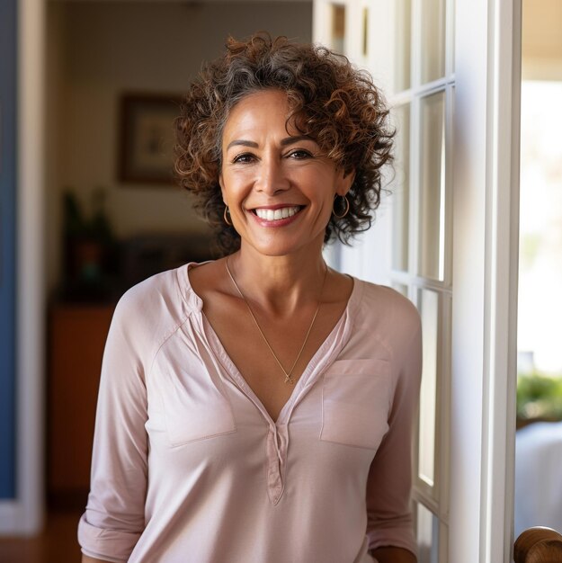 Foto de una mujer caucásica de mediana edad con una sonrisa y una cara feliz.