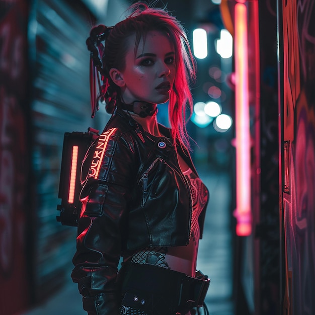 Foto de una mujer cyberpunk en la ciudad nocturna