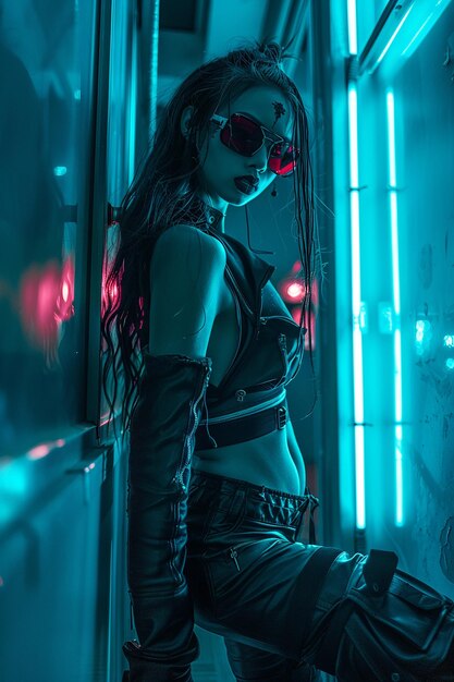 Foto foto de una mujer cyberpunk en la ciudad nocturna