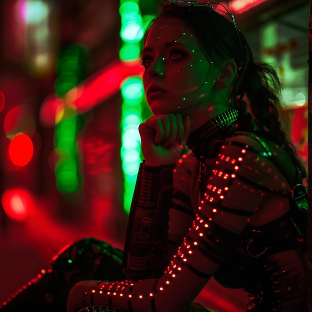 Foto foto de una mujer cyberpunk en la ciudad nocturna