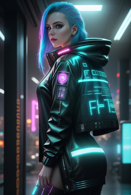 Foto de una mujer cyberpunk mostrando ropa retrofuturista