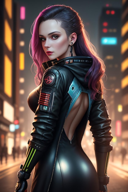 Foto de una mujer cyberpunk mostrando ropa retrofuturista