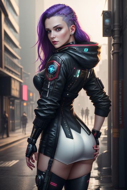 Foto de una mujer cyberpunk mostrando ropa retrofuturista