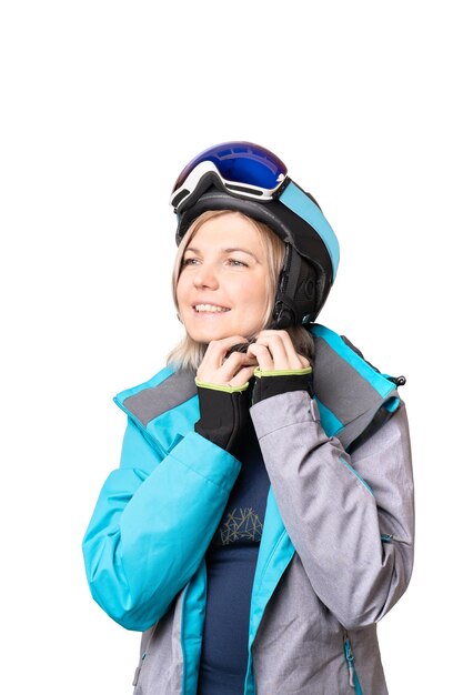 Foto foto de mujer deportiva con casco sobre fondo aislado