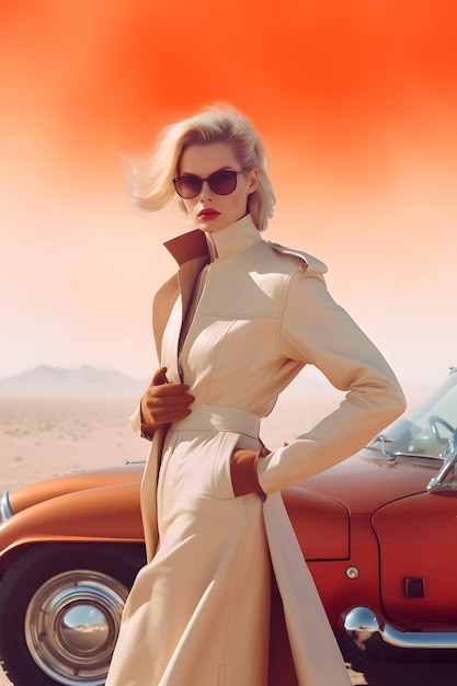 Foto de una mujer en el desierto con un motivo cinematográfico de coche escena extra de moda colorida