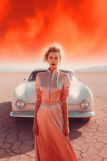 Foto de una mujer en el desierto con un motivo cinematográfico de coche escena extra de moda colorida
