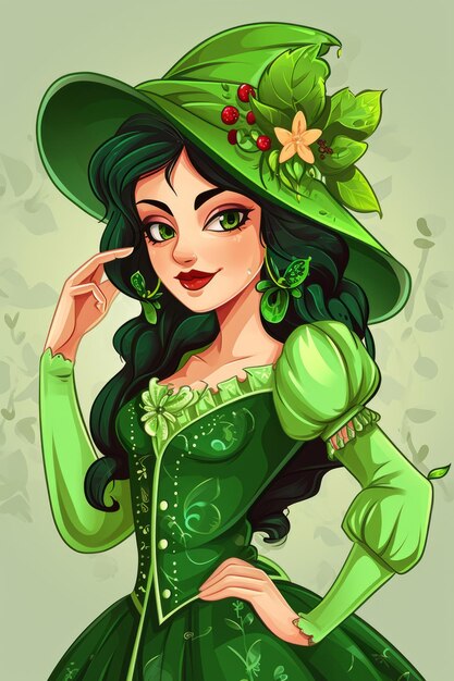 Foto de una mujer de dibujos animados vestida de verde con un sombrero y una flor