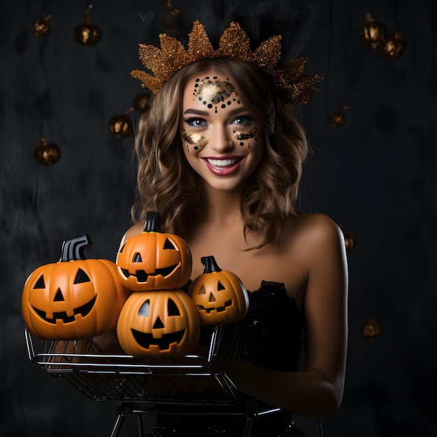 foto mujer disfraz de fiesta de halloween con calabazas en la cesta de la compra para el día de halloween